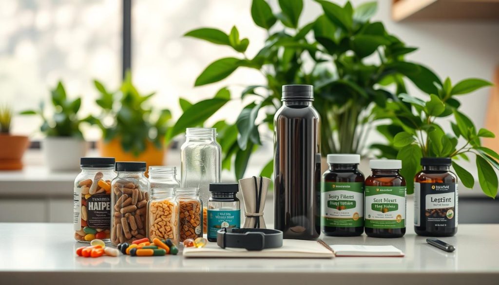 A modern, well-lit kitchen countertop displaying an assortment of dietary supplements. In the foreground, glass bottles and capsules of various vitamins, minerals, and herbal extracts are arranged in a visually appealing manner. The middle ground features a reusable water bottle, a fitness tracker, and a small notebook, suggesting a holistic approach to wellness. The background showcases lush green plants, providing a fresh, natural ambiance. The lighting is soft and diffused, creating a warm, inviting atmosphere. The overall scene conveys a sense of mindfulness, balance, and a commitment to a healthy lifestyle. A modern, well-lit kitchen countertop displaying an assortment of dietary supplements. In the foreground, glass bottles and capsules of various vitamins, minerals, and herbal extracts are arranged in a visually appealing manner. The middle ground features a reusable water bottle, a fitness tracker, and a small notebook, suggesting a holistic approach to wellness. The background showcases lush green plants, providing a fresh, natural ambiance. The lighting is soft and diffused, creating a warm, inviting atmosphere. The overall scene conveys a sense of mindfulness, balance, and a commitment to a healthy lifestyle.