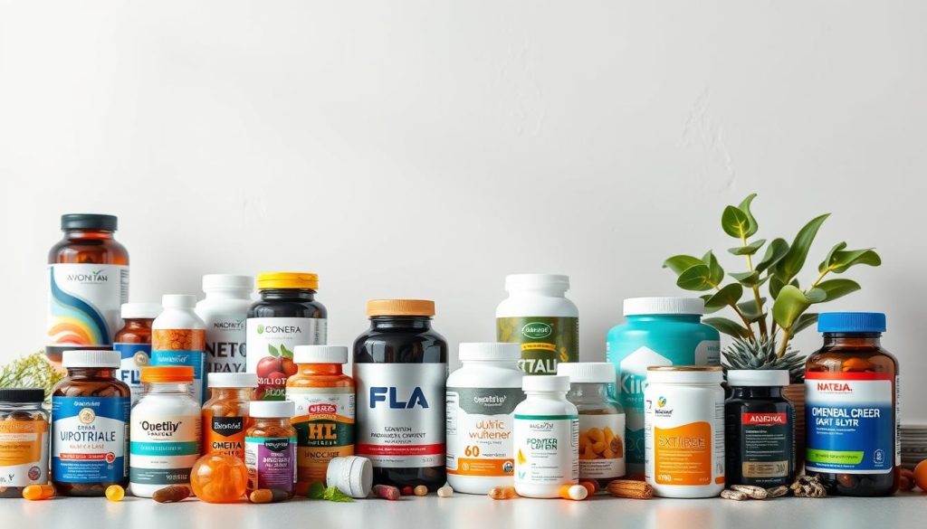 A well-lit, high-quality studio photograph showcasing an assortment of the most popular and trending dietary supplements for 2025. The foreground features a clean and organized display of various bottles, jars, and containers of supplements such as multivitamins, protein powders, omega-3 fish oils, probiotics, and herbal extracts. The middle ground includes a clean, minimalist background with subtle textures and soft lighting that highlights the vibrant colors and branding of the supplement products. The overall composition conveys a sense of professionalism, quality, and consumer appeal for the top trending supplements of the upcoming year. A well-lit, high-quality studio photograph showcasing an assortment of the most popular and trending dietary supplements for 2025. The foreground features a clean and organized display of various bottles, jars, and containers of supplements such as multivitamins, protein powders, omega-3 fish oils, probiotics, and herbal extracts. The middle ground includes a clean, minimalist background with subtle textures and soft lighting that highlights the vibrant colors and branding of the supplement products. The overall composition conveys a sense of professionalism, quality, and consumer appeal for the top trending supplements of the upcoming year.